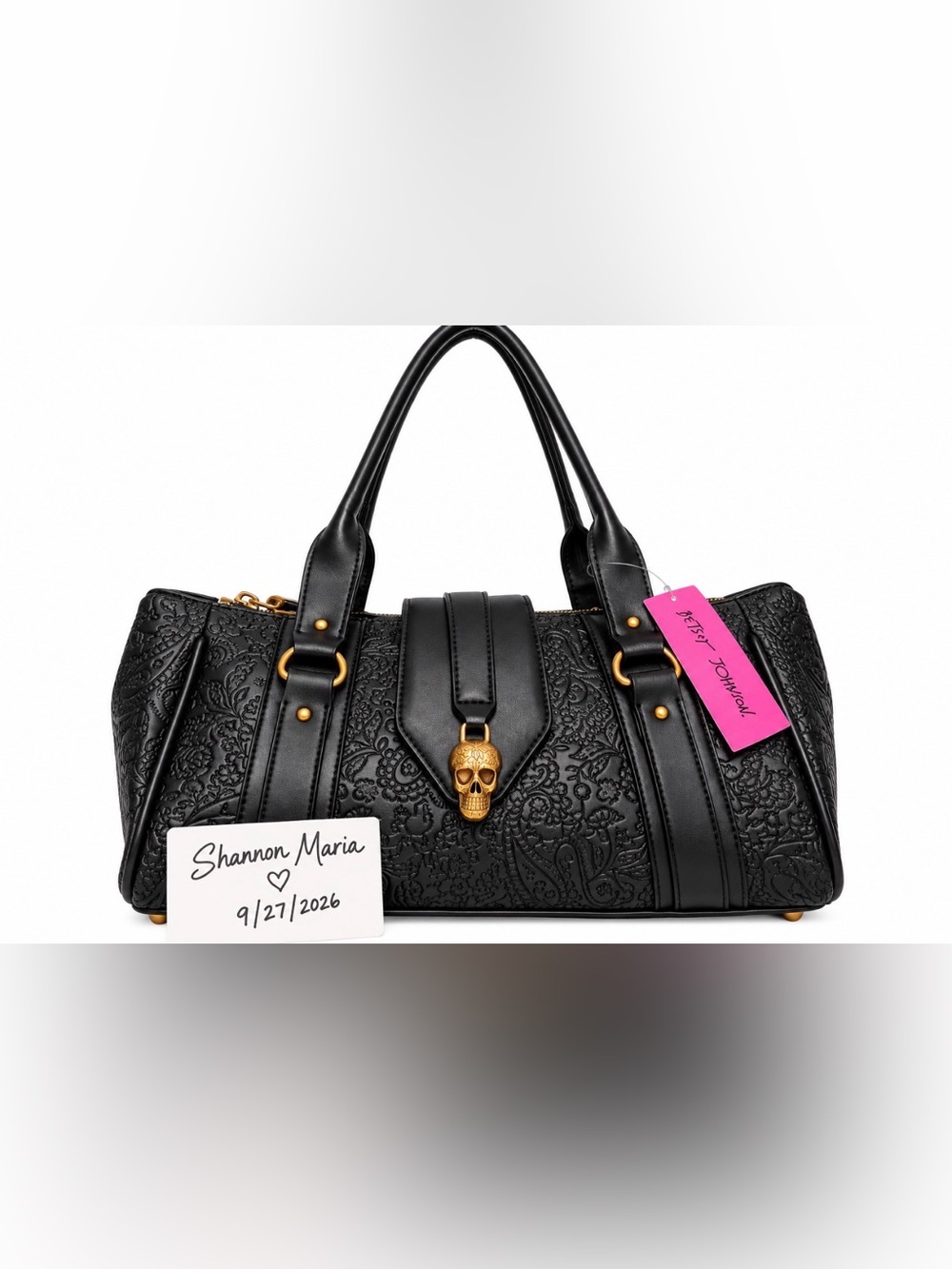 Betsey Johnson Black Embossed Skull Satchel Handbag Gothic Gold Hardware